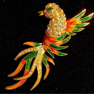 Rhinestone Enamel Bird Brooch 5” Large